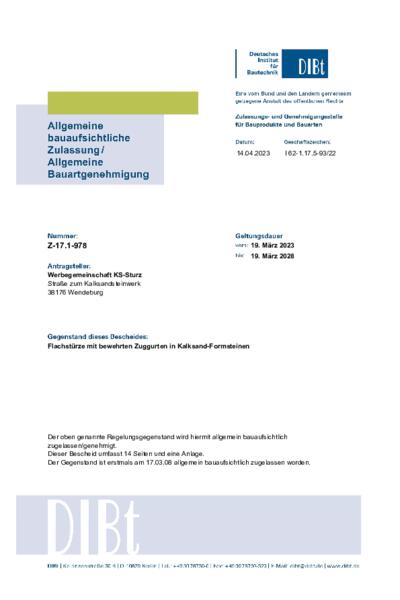 Zulassung Z-17.1-978 für unsere KS-Flachstürze