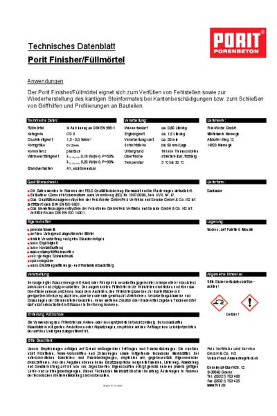 Technisches Datenblatt PORIT Finisher/Füllmörtel