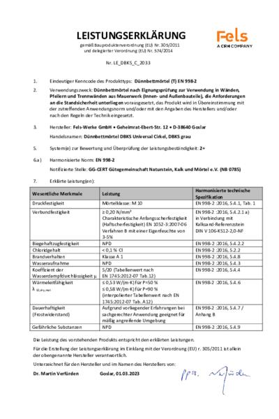 Leistungserklärung KS-Dünnbettmörtel