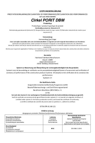 Leistungserklärung PORIT-Dünnbettmörtel