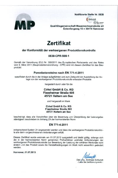 Zertifikat der werkseigenen Produktionskontrolle