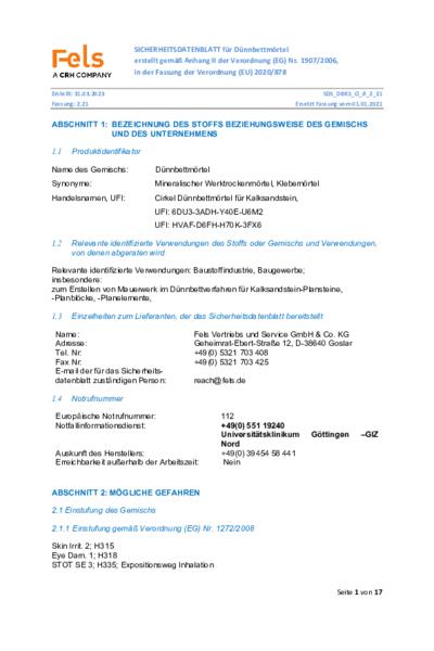 Sicherheitsdatenblatt KS Dünnbettmörtel