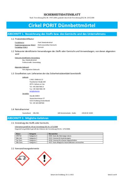 Sicherheitsdatenblatt PORIT Dünnbettmörtel